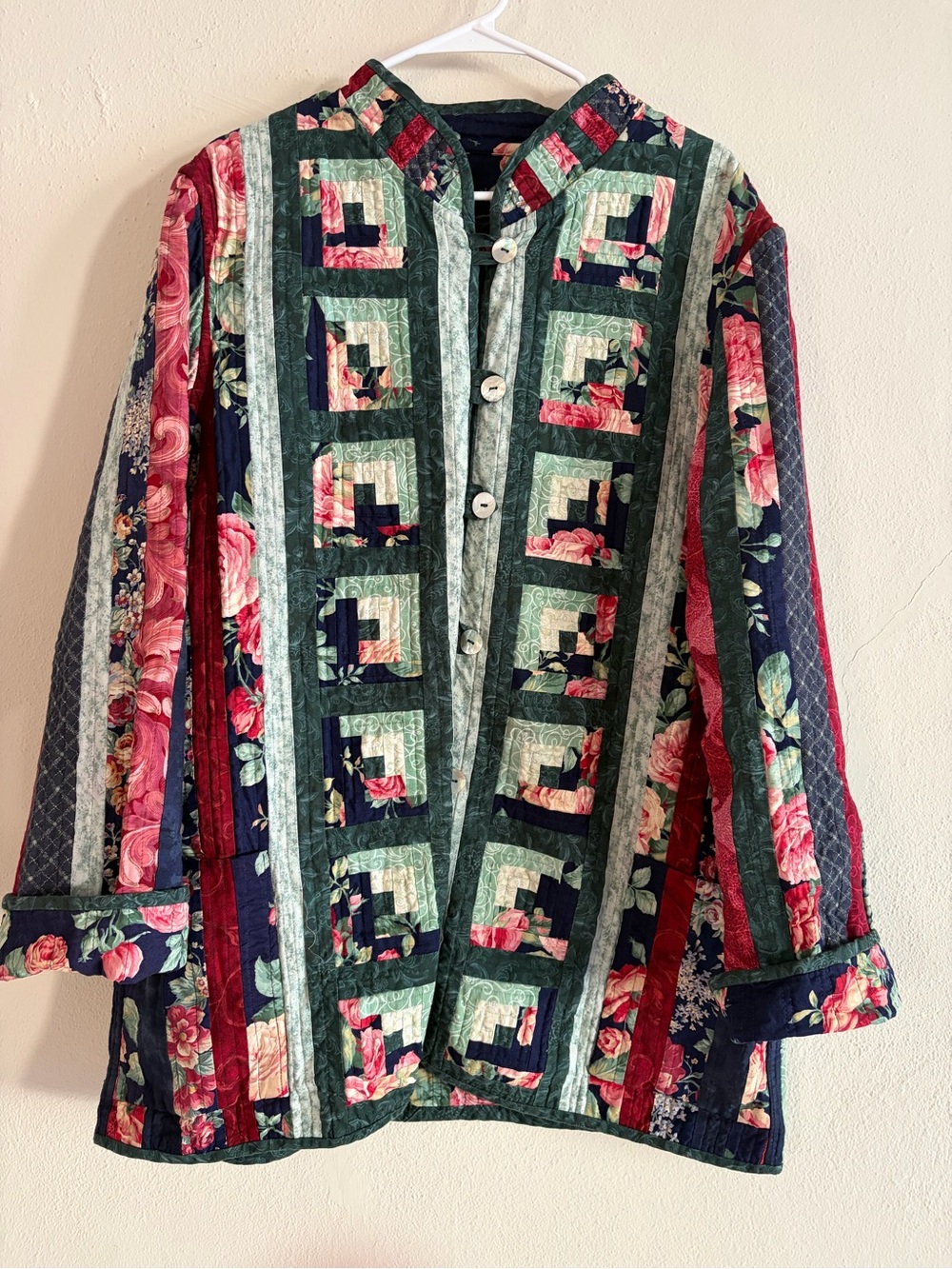 Handmade Quilted Patchwork Floral Button-Front Coat